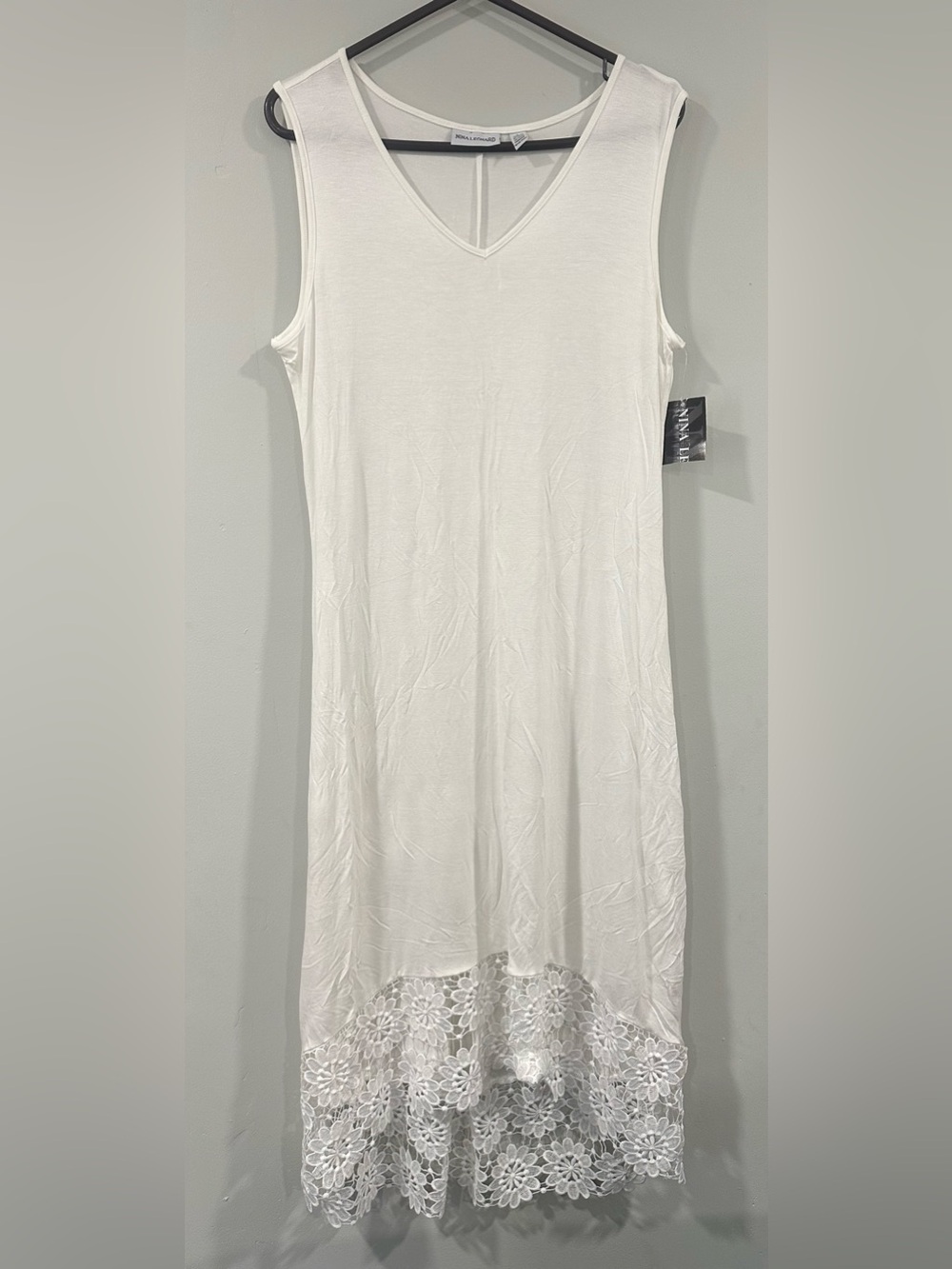 Nina Leonard White Maxi Dress with Lace Hem flower L